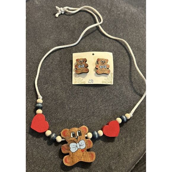 Vintage 1990s Teddy Bear Hand-Painted Wooden‎ Beaded Necklace And Earrings - Picture 1 of 5
